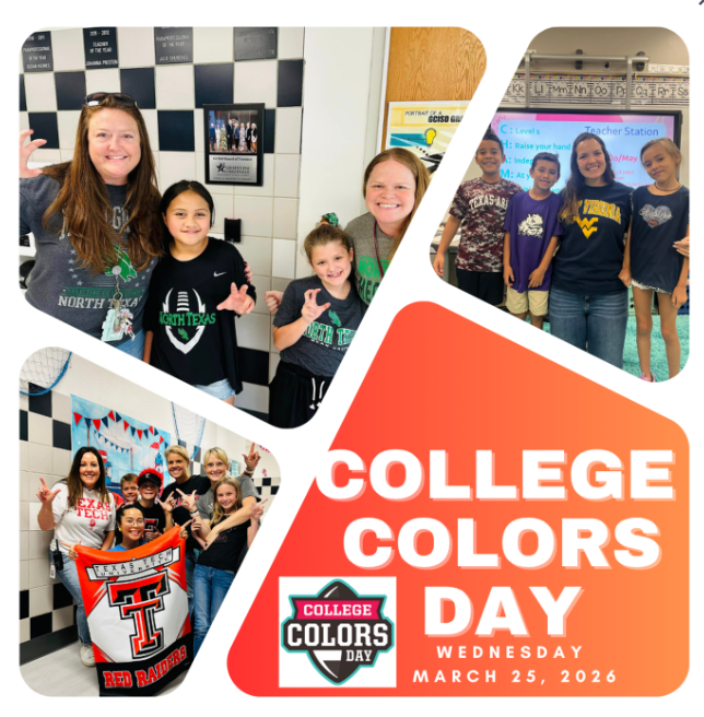 three pictures of students and teachers in college shirts, two kids and two teachers in North Texas shirts, three students and a teacher in various college shirts, 4 teachers and 3 students in Texas Tech shirts holding a Tech flag. Orange background with white writing