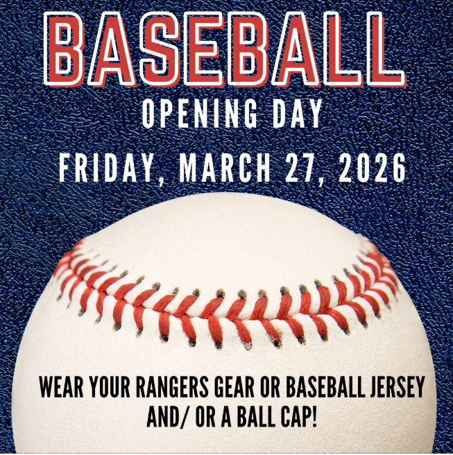 blue background with white writing, baseball with black writing