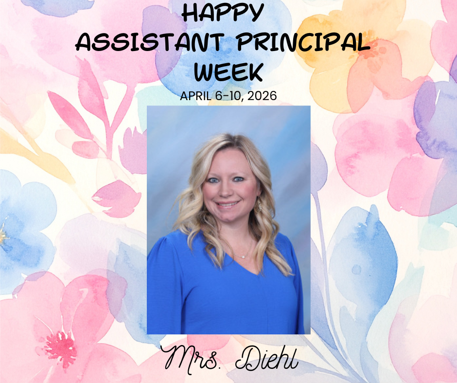 pink, blue, and yellow flowers in the background with black writing, picture of Mrs. Diehl in a blue shirt with a blue background
