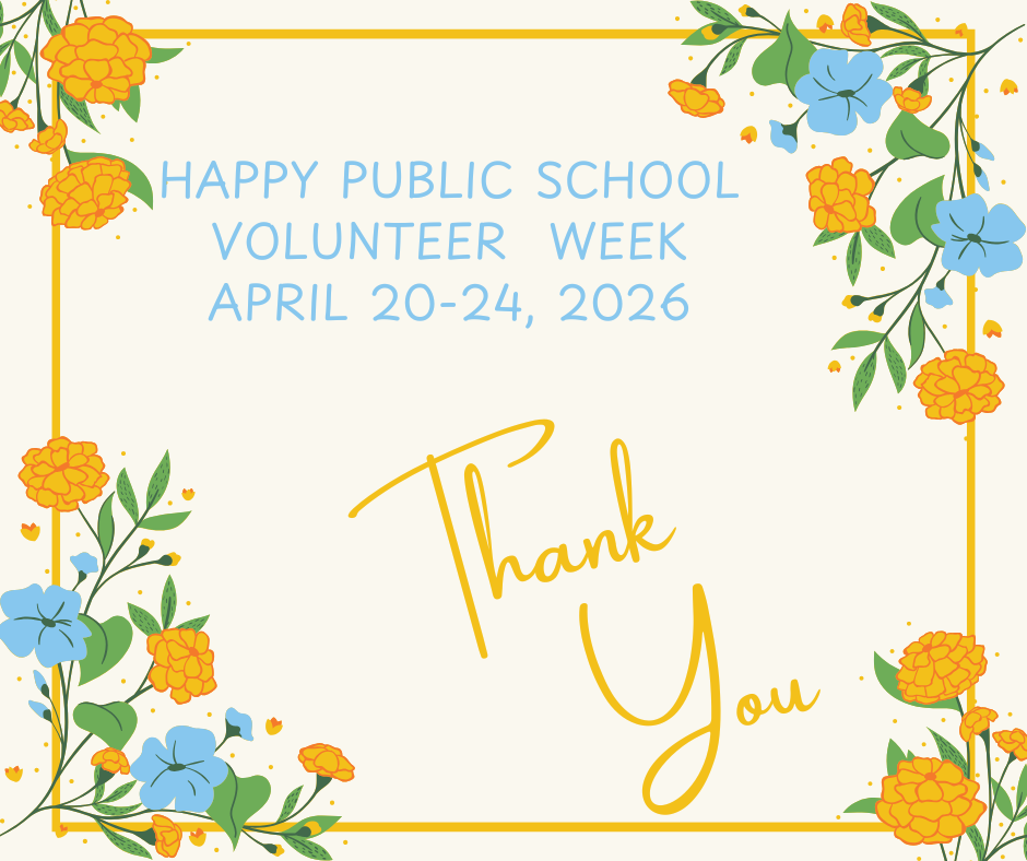 cream background with yellow and blue flowers in the corners, green leaves and stems, yellow and blue writing