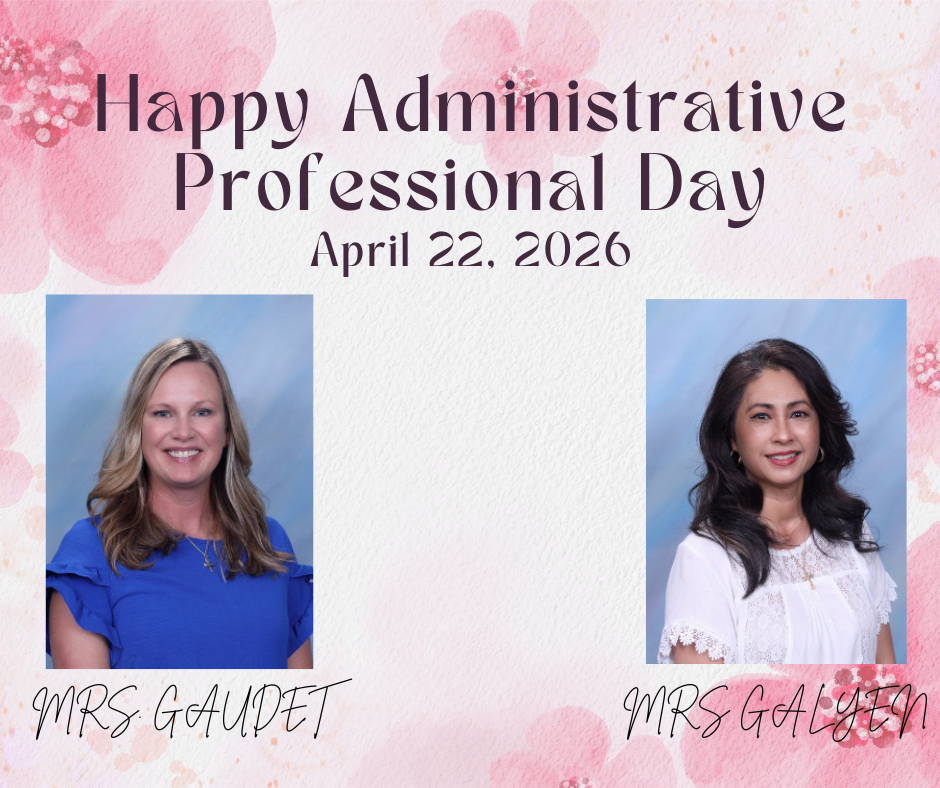 light pink background with dark pink flowers in the corners and black writing, picture of Mrs. Gaudet and Mrs. Galyen on blue backgrounds