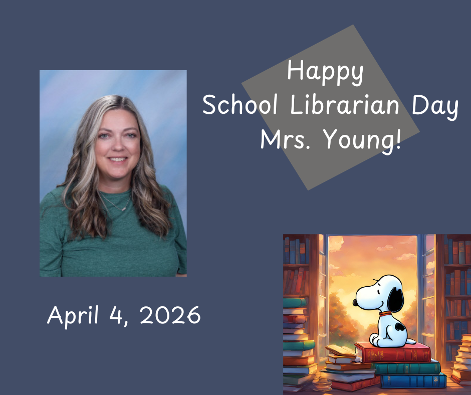 dark blue/gray background with white writing, picture of Snoopy sitting on a stack of books in the right corner, picture of Mrs. Young on a blue background in the left corner