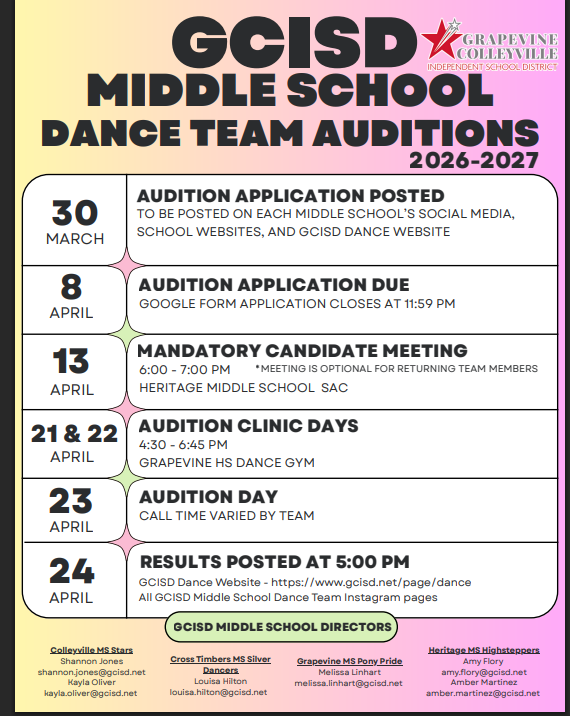 GCISD Middle School Tryout Schedule