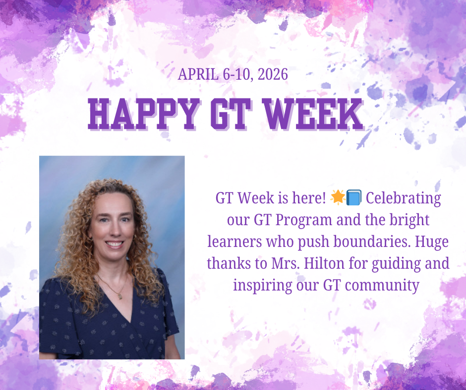 white background with purple splashes and writing, picture of Mrs. Hilton on a blue background