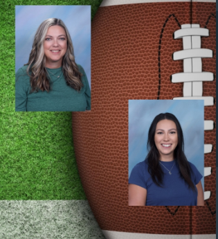 green background with football on the right side, yearbook pictures of Mrs. Young and Ms. Faraq