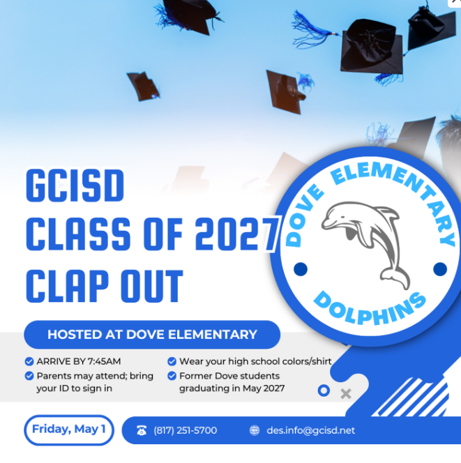 blue and white background, grad caps flying into the air, blue writing and Dove dolphin logo