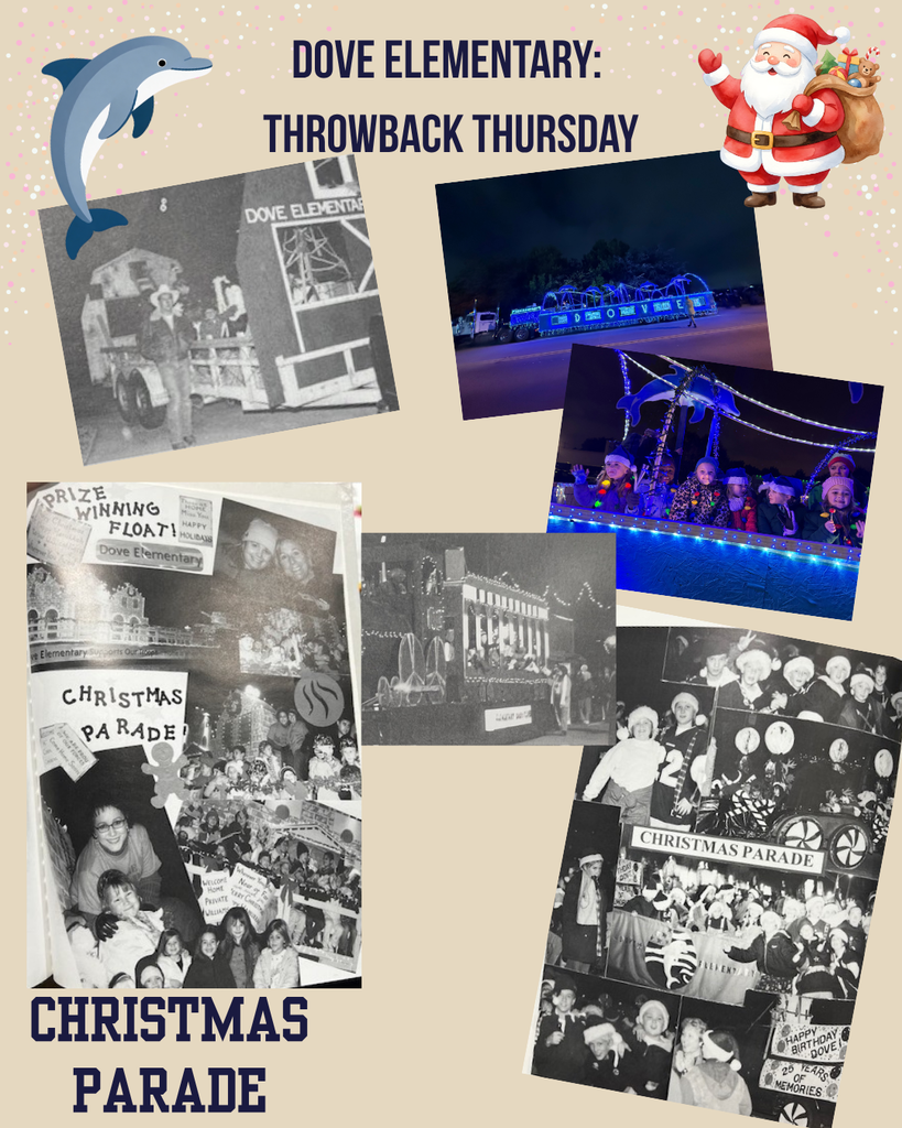 beige colored background with a cartoon dolphin in the top left corner and a santa in the top right, four black and white pictures of former christmas parades, two color pictures of the parade float from this year.