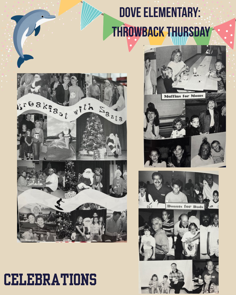 beige background, cartoon dolphin in right corner, colorful penants in left, black and white photos of breakfast with santa, donuts with dad and muffins with mom