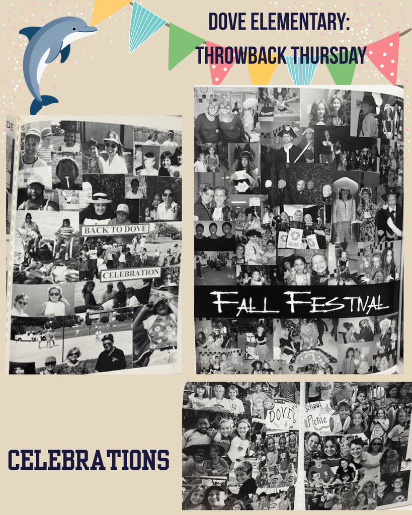 beige background, cartoon dolphin in right corner, colorful penants in left, black and white photos of back to school picnic, fall festival