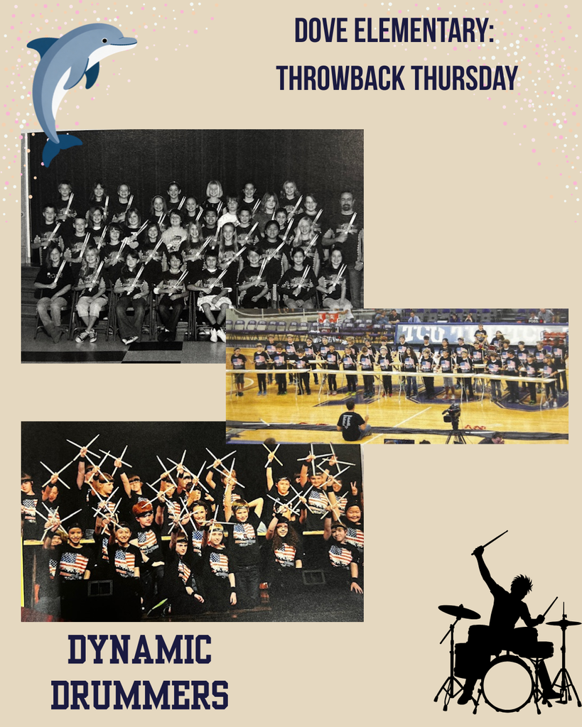 beige background, dolphin in upper right corner, outline of drummer on bottom left, 2 color pictures of kids drumming, 1 black and white group photo of kids holding drumsticks