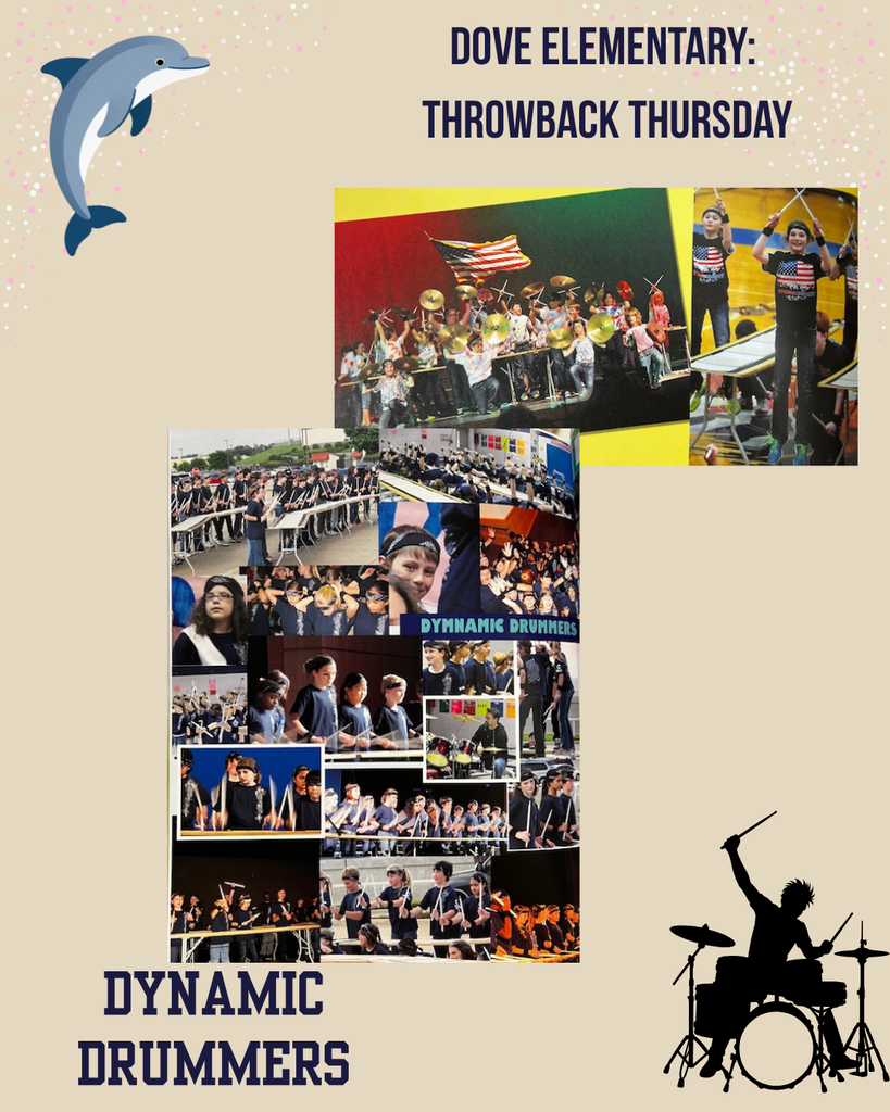 beige background, dolphin in upper right corner, outline of drummer on bottom left, color collage of pictures of kids drumming