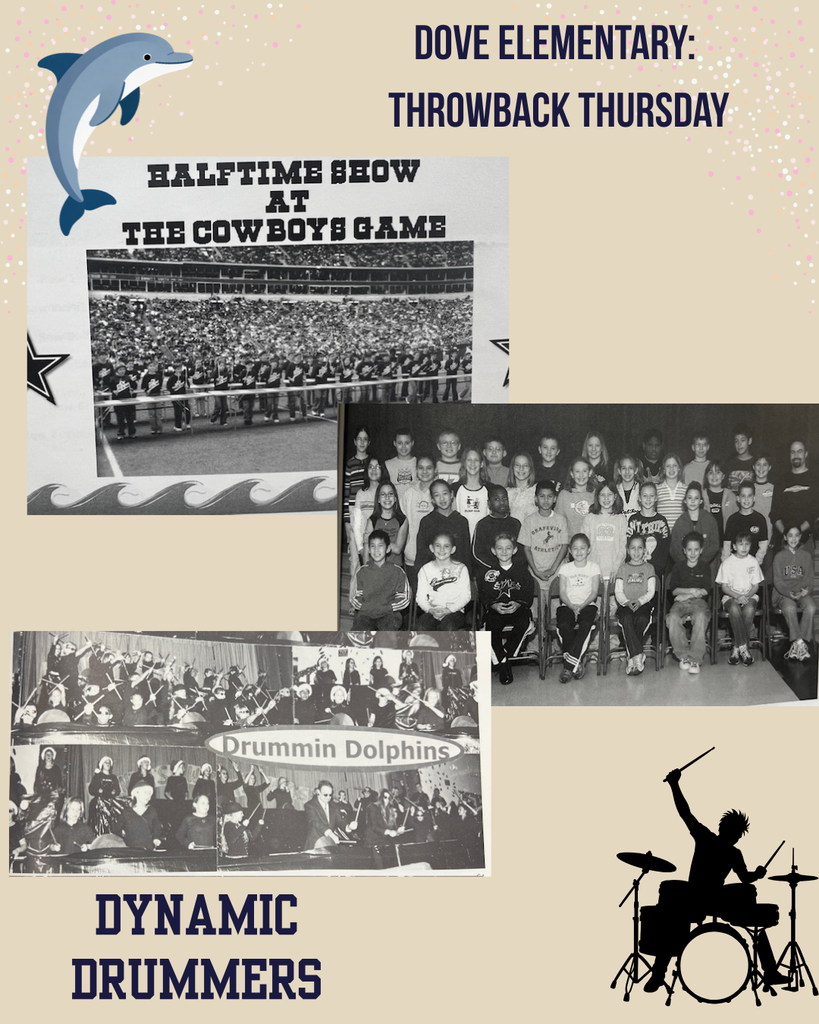 beige background, dolphin in upper right corner, outline of drummer on bottom left, 3 black and white pictures of kids drumming,