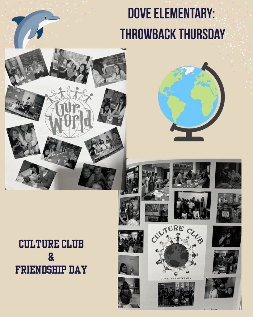 beige background with black writing, cartoon globe in corner, 2 black and white collage pictures of students participating in culture club activities