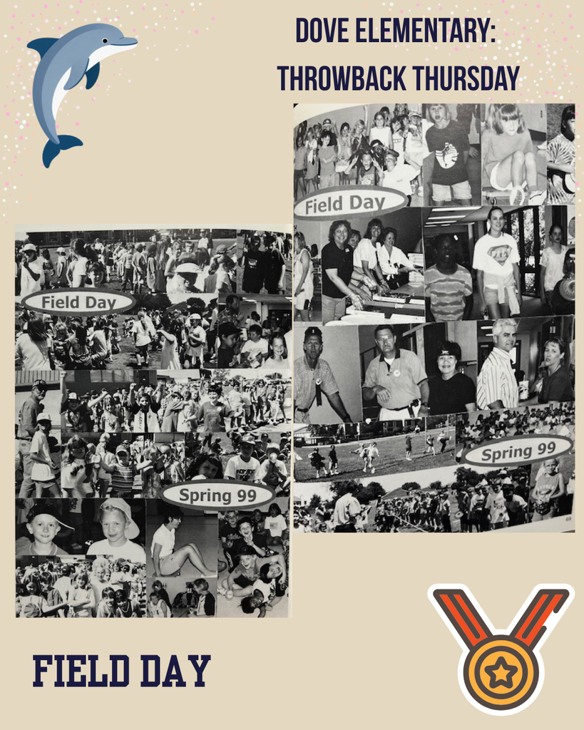 beige background with black wording, dolphin in top left corner and a medal in the bottom right, 2 black and white collages of students participating in field day