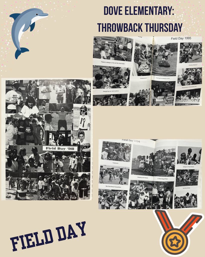 beige background with black wording, dolphin in top left corner and a medal in the bottom right, 2 black and white collages of students participating in field day