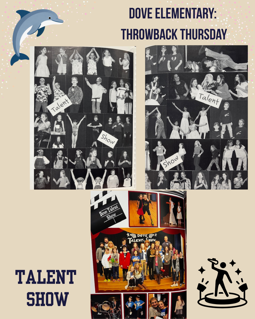 beige background with black writing, dolphin in top left corner and black stick figure on a stage in the right lower corner, 2 black and white collages of kids performing in the talent show