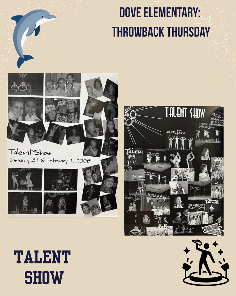 beige background with black writing, dolphin in top left corner and black stick figure on a stage in the right lower corner, 2 black and white collages of kids performing in the talent show