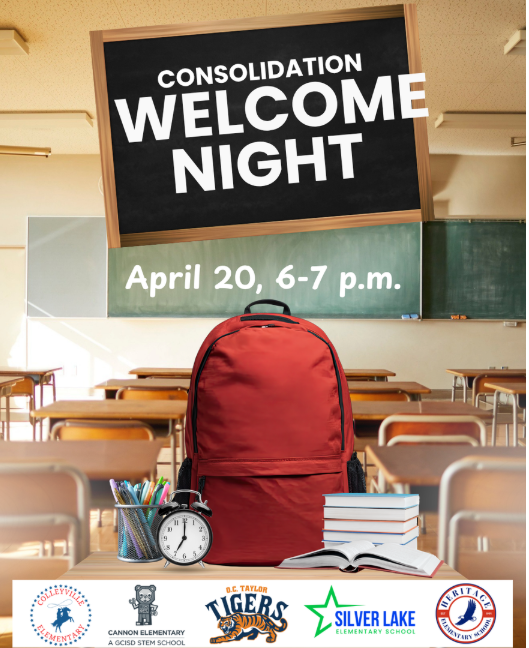 classroom scene as background, white lettering, red backpack on desk with books stacked and a clock and cup of pens