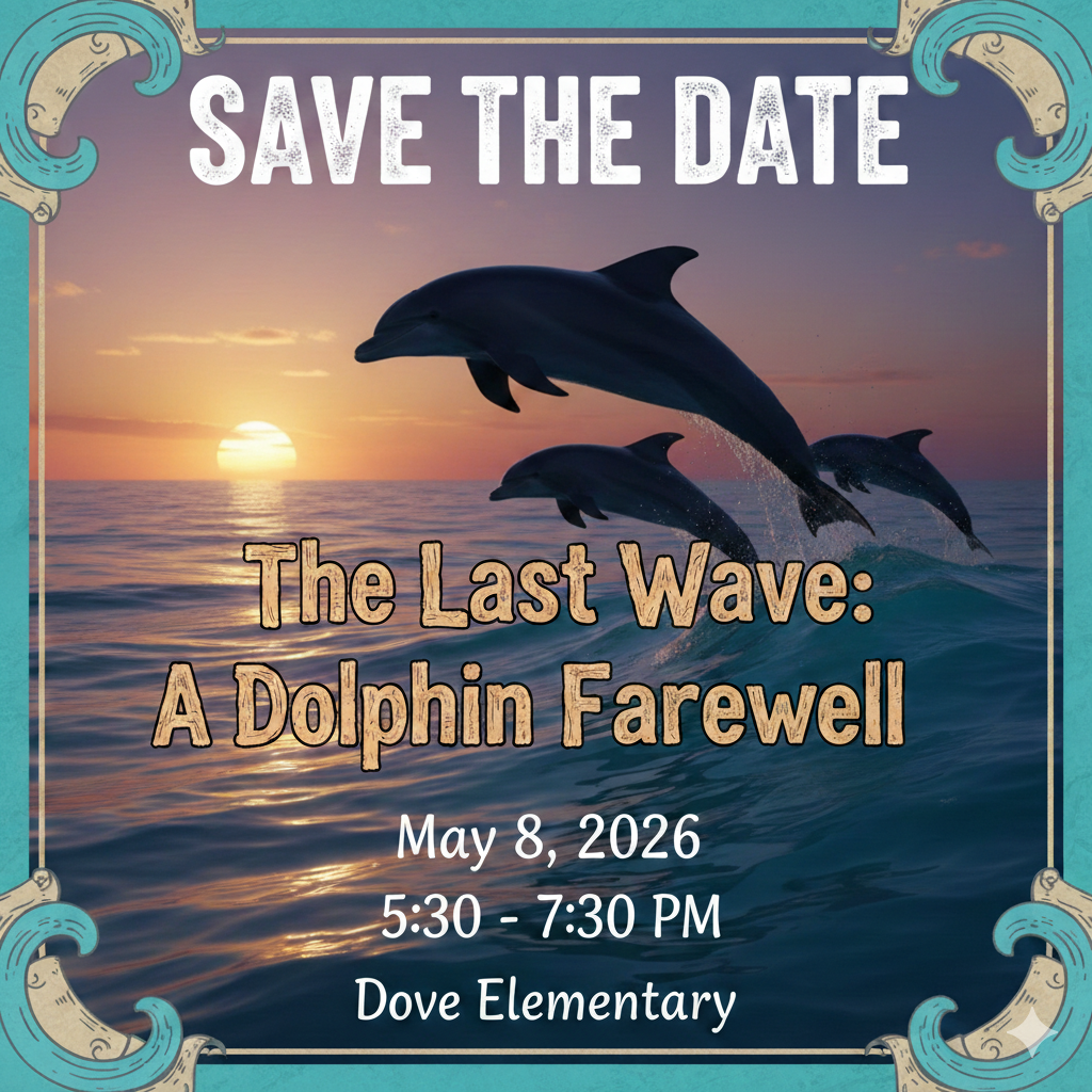 dolphins jumping from the water at sundown, orange and white writing, May 8, 2026 5:30-7:30