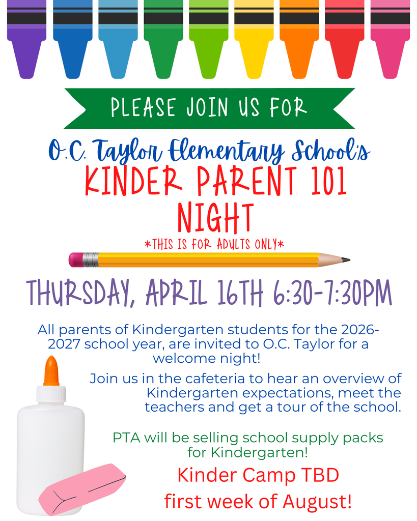 Kinder parent night April 16th 6:30 to 7:30pm