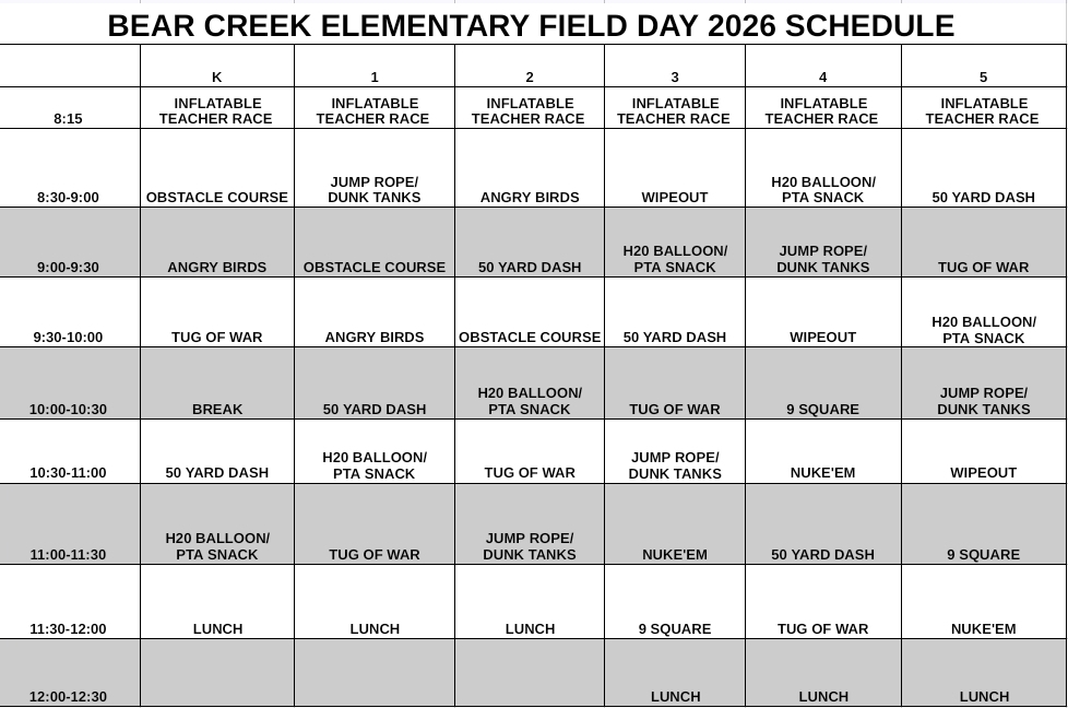 field day schedule