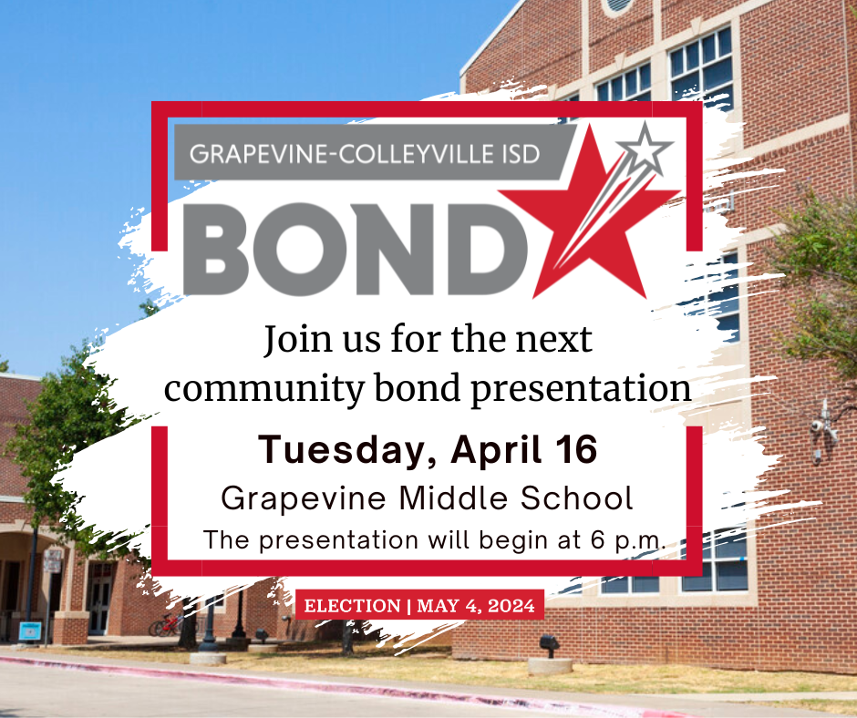 Thank you to everyone who came to yesterday's Bond 2024 Open House: Swim Center Tour. If you missed the event and want to learn more about the bond, please join us for our final community presentation on Tuesday, April 16, at 6 p.m. in Grapevine Middle School’s cafeteria. #WeAreGCISD https://www.gcisd.net/page/bond-2024-community-presentations