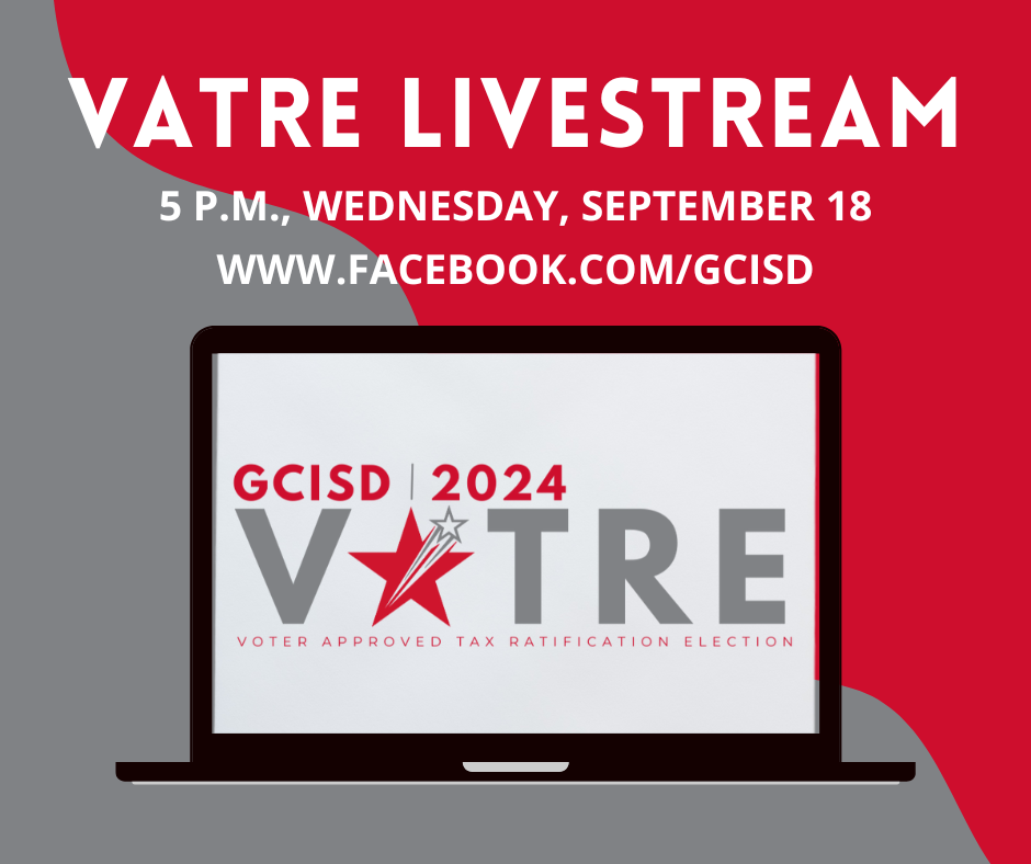 VATRE Livestream 5 pm wednesday september 18. www.facebook.com/gcisd. VATRE logo