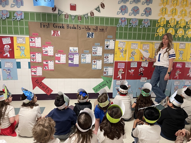 Teacher in front of charts and class