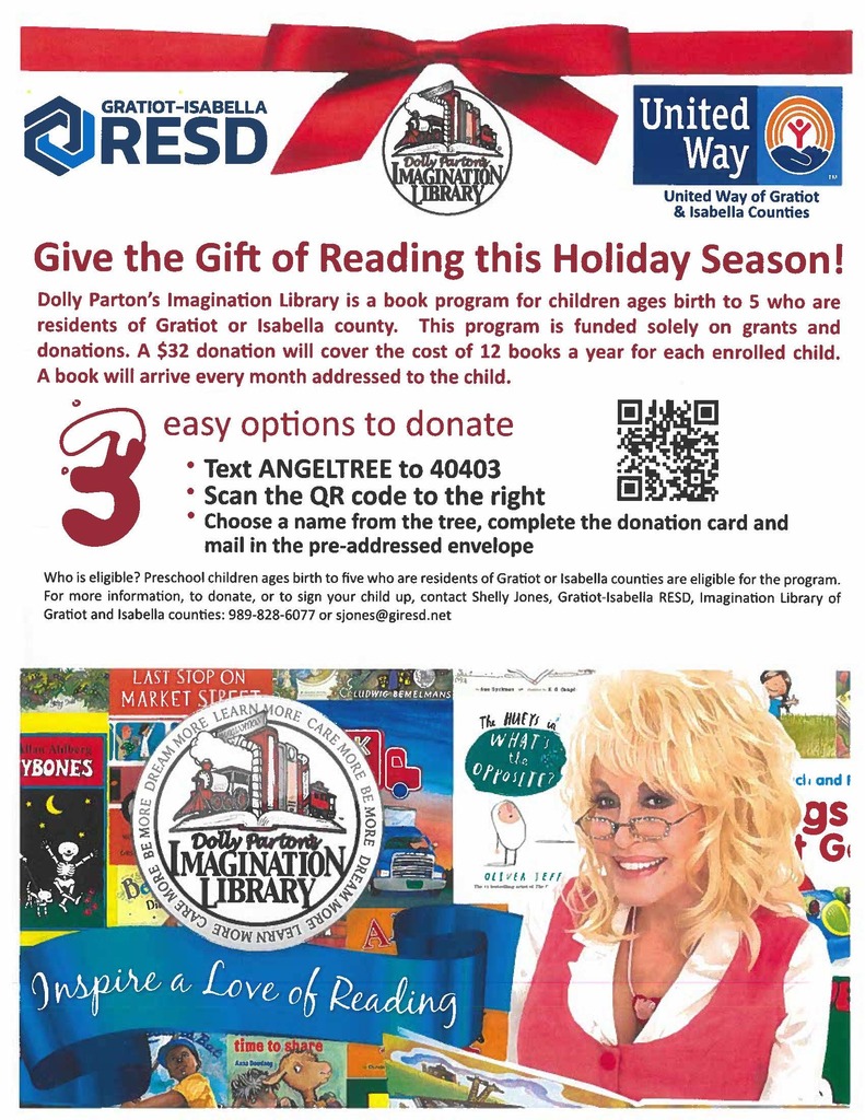 Dolly parton's Imagination library donation form with QR to donate