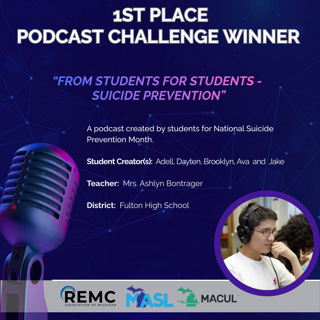 Graphic announcing a Podcast Challenge Winner. The headline reads “Podcast Challenge Winner.” First Place is awarded to the podcast titled “From Students For Students – Suicide Prevention.” The graphic lists student creators  with teacher Mrs. Ashlyn Bontrager from Fulton High School. The background is dark blue with a network-style design, featuring a large microphone illustration on the left and a photo of a student wearing headphones and speaking into a microphone on the right. Logos for REMC Association of Michigan, MASL, and MACUL appear at the bottom.