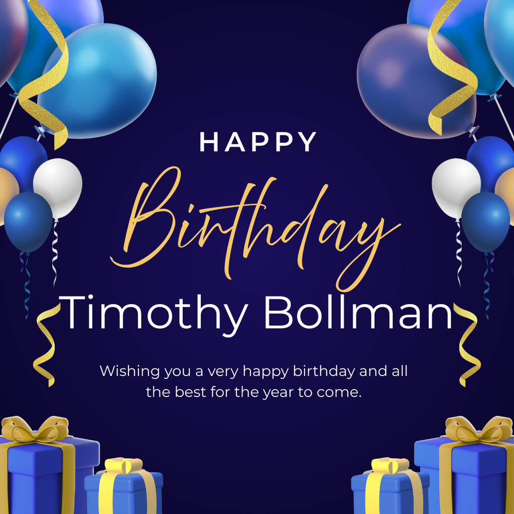 Blue birthday card with balloons and streamers. Wishing Timothy a very happy birthday!