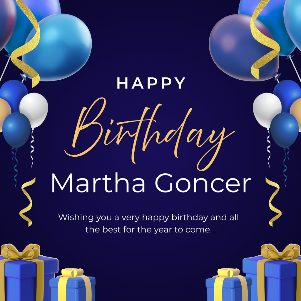 Blue birthday card with balloons and streamers. Wishing Martha a very happy birthday!