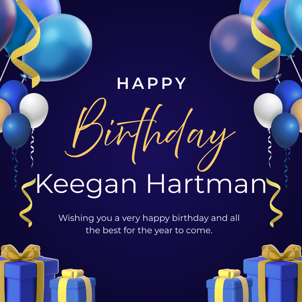 Blue birthday card with balloons and streamers. Wishing Keegan a very happy birthday!