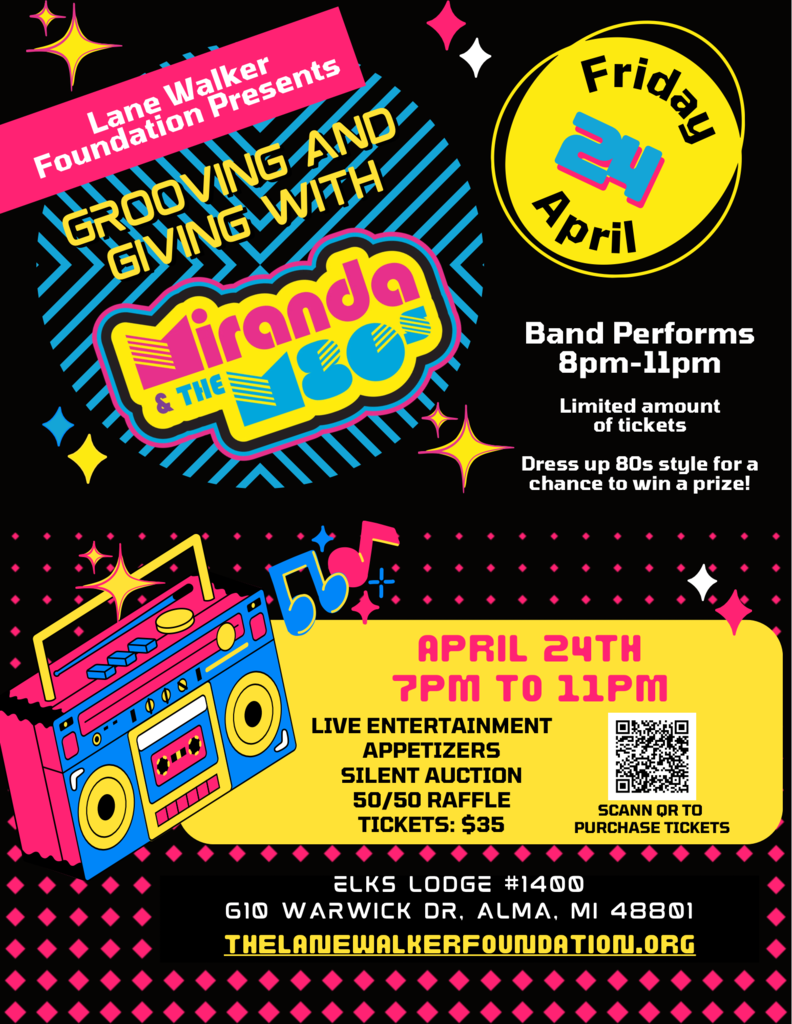 Black background with bright colors, a boom box, music notes, and glam flyer.  "Grooving and Giving" with Miranda & the M80s Friday, April 24th 7-11 PM at the Elks lodge in Alma, MI. Appetizers, silent auction, and 50/50 raffle.  Dress up for a chance to win a prize.