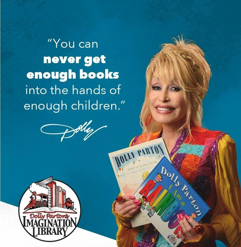 An image of Dolly Parton holding books