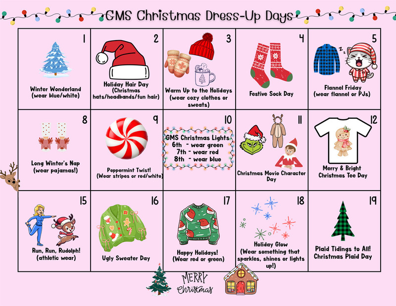 Holiday Dress Up Days at GMS Graphic (Full Text below)