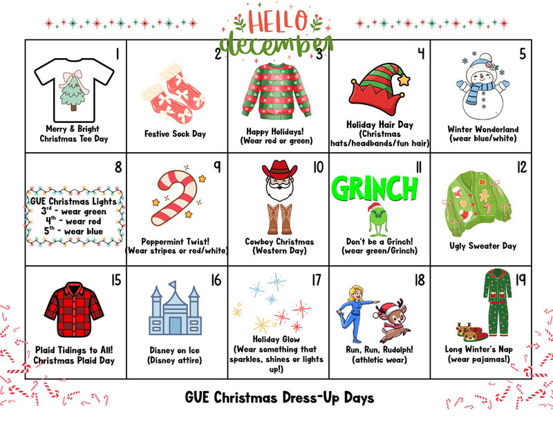 GUE Dress Up Days Calendar Image (Text Below)