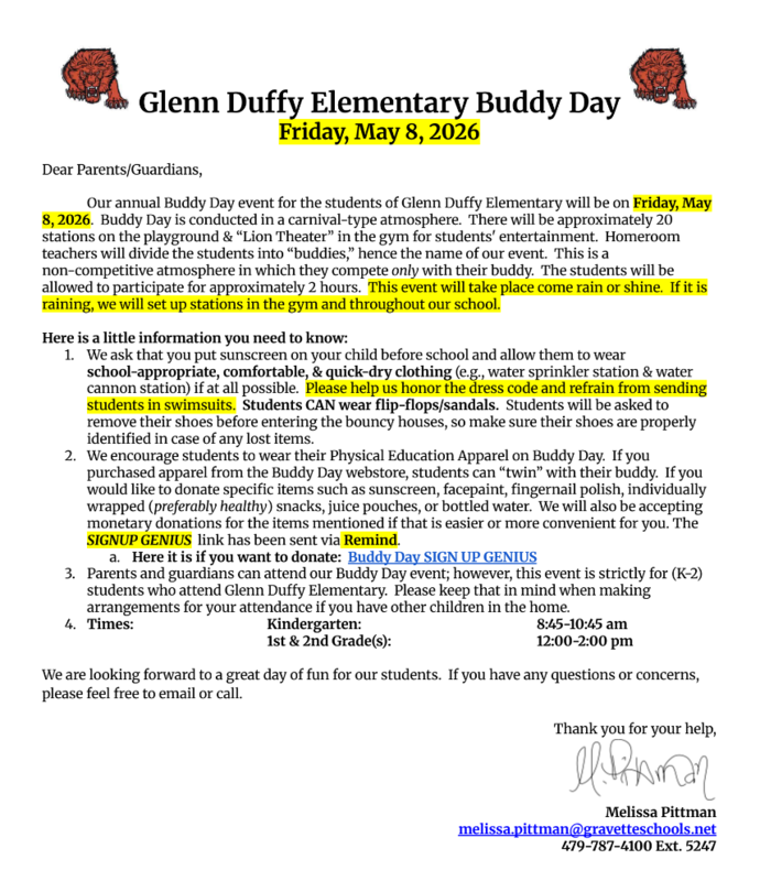 Image of Buddy Day Letter, text content summarized above