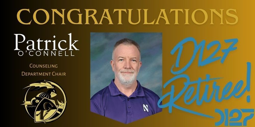 black and gold background with knights logo, school picture of patrick and blue district logo