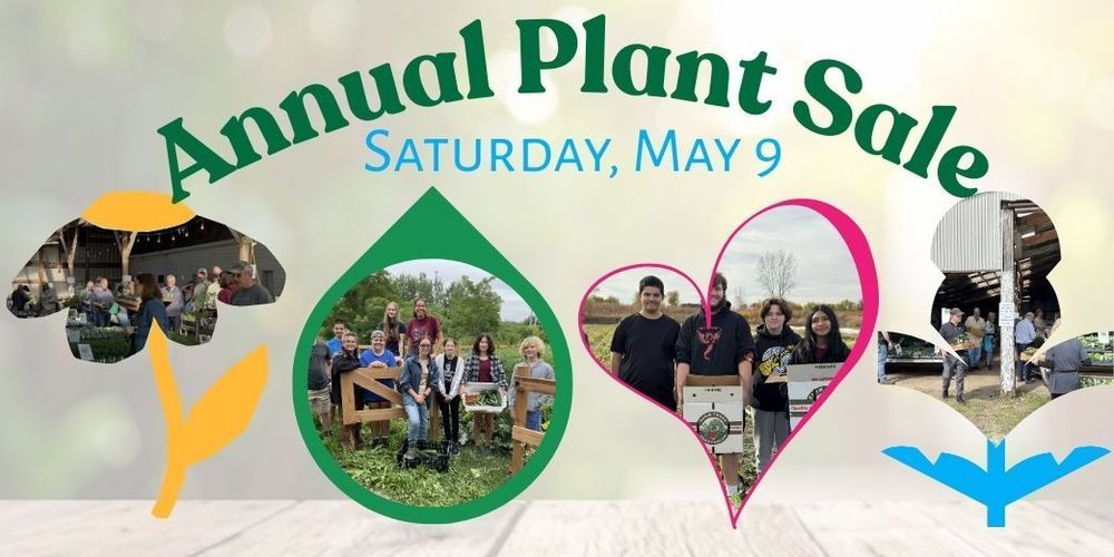 annual plant sale with yellow flower, green rain drop, pink heart and blue flower with student pictures in them