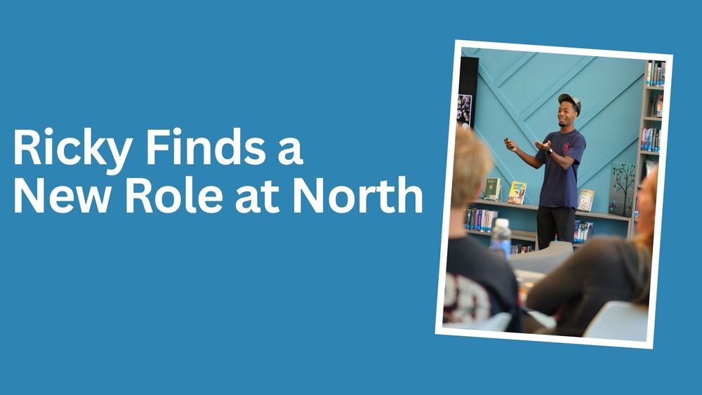 blue background with picture of Ricky talking to students in the Library