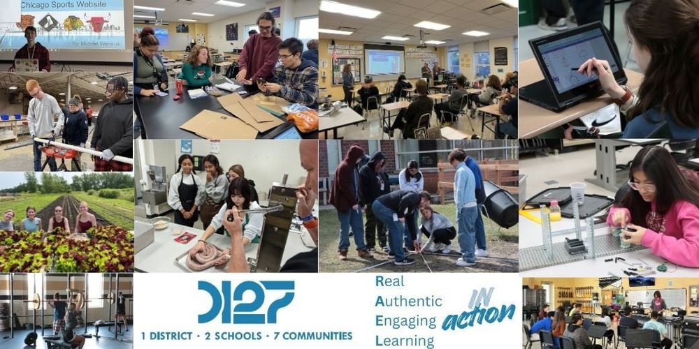 students in all different classrooms with D127 logo in blue