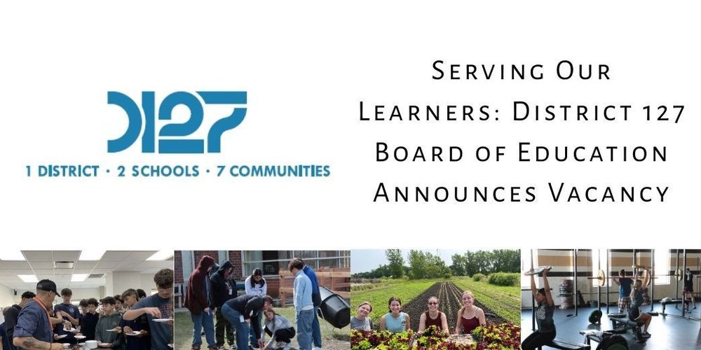 district logo and students in pictures