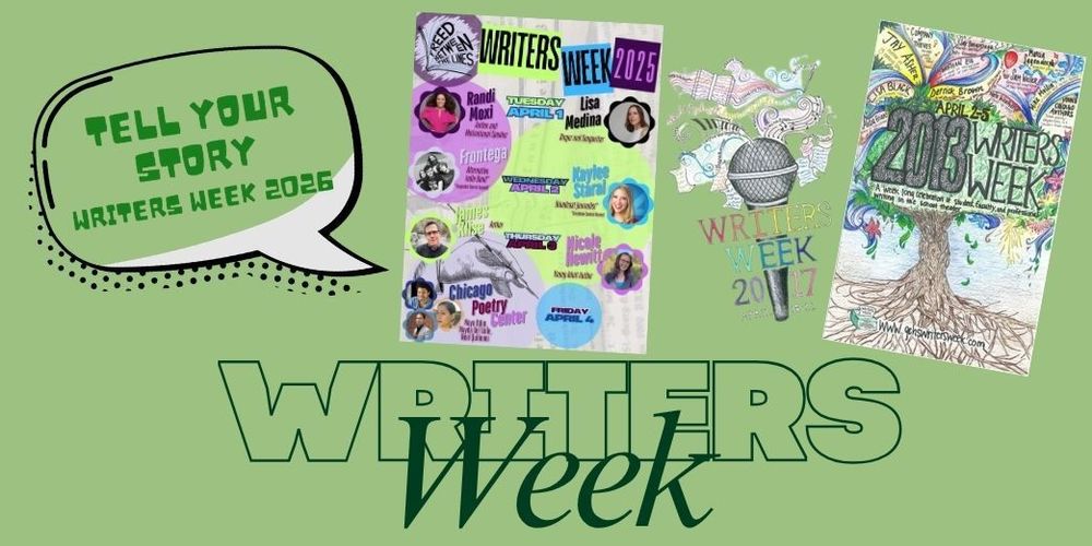 green background with writers weeks logos, a tree, a micrphone and quote bubble