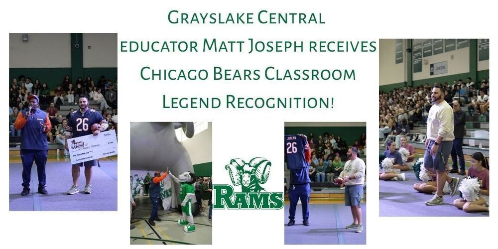 pictures of Spice Adams in a Chicago Bear Jersey and Matt Joseph receiving football, jersey and large check