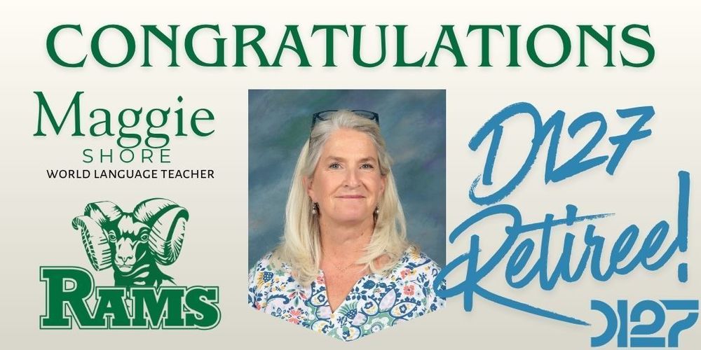 white background with green rams logo, school picture of maggie and blue district logo