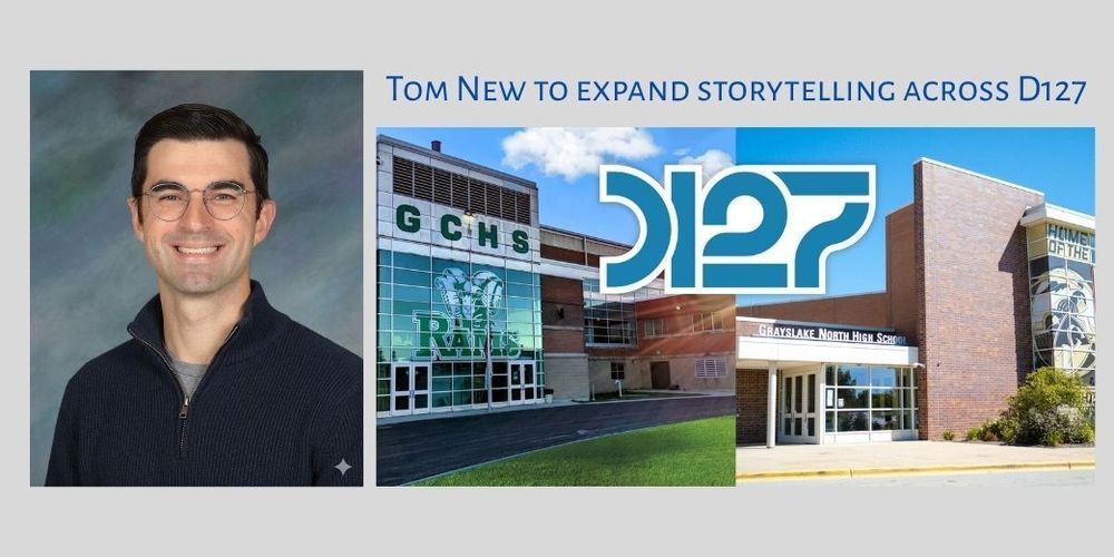 school picture of tom new and building pictures of central and north with d127 logo in blue