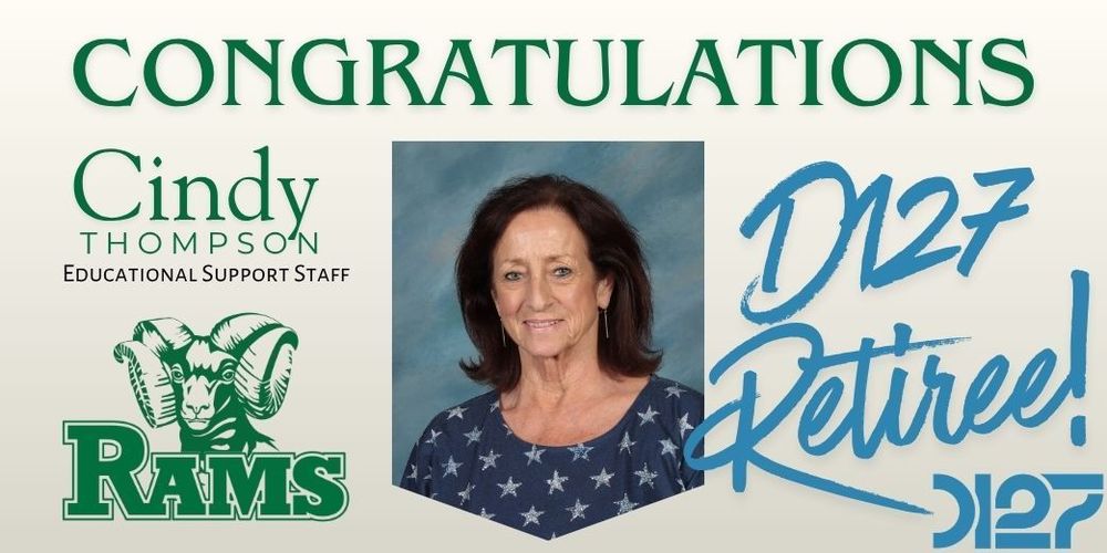 white background with green rams logo, school picture of Cindy with blue district logo