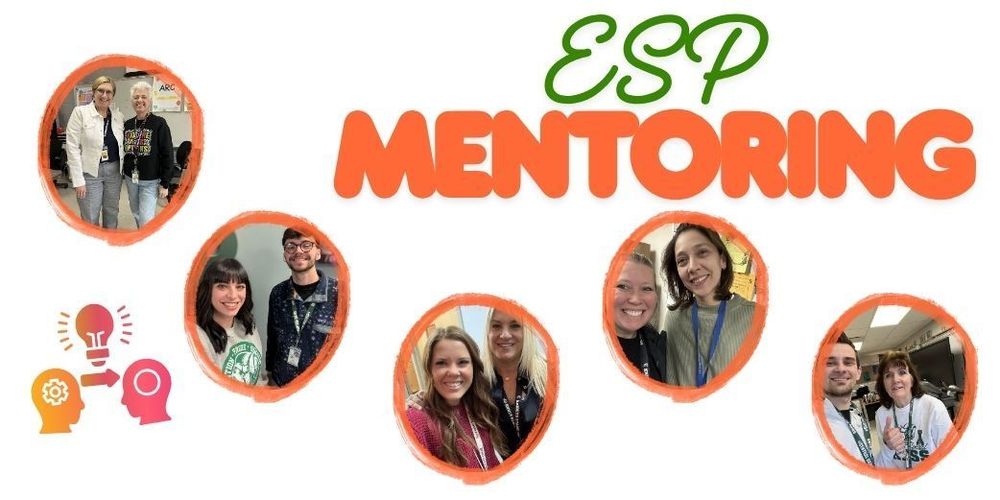 orange circles with mentor mentee selfies and green and orange text and brain with lighbulbs