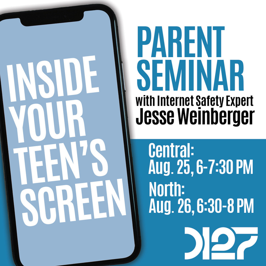 phone and blue and white text for parent seminar
